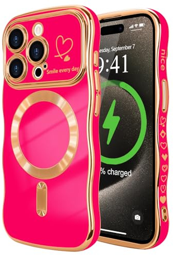 LCHULLE per iPhone 15 Pro Max Cover Magnetica Cuore Ondulata,Rosa rossa | Compatibile con Magsafe, Cuore forma di ricciolo ondulato, Protezione Fotocamera galvanizzato Custodia