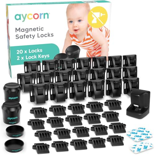 Aycorn Magnetisches Schrankschloss für Kinder & Babys - Kindersicherung Schrank, Schubladen - Schranksicherung Baby ohne Bohren - Einfache Montage mit BONUS Video - 20 Schlösser, 2 Schlüssel
