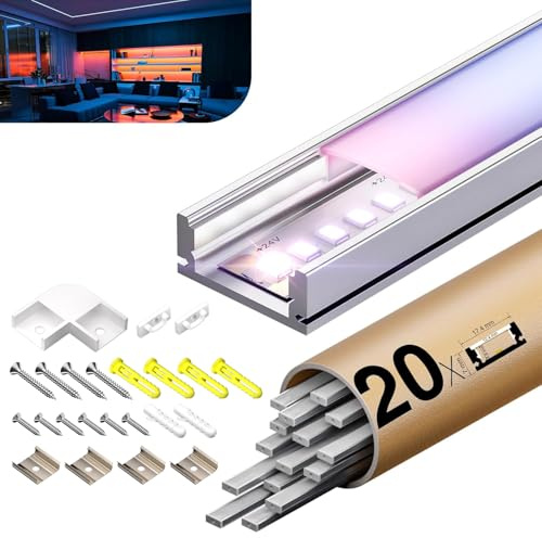 KOSOOM LED Aluminium profil geeignet für LED Streifen, 2 m x 20 Stück 40 m, Größe 17,4 mm x 7 mm, für LED Streifen mit einer Breite von weniger als 12,4 mm, mit Montagezubehör