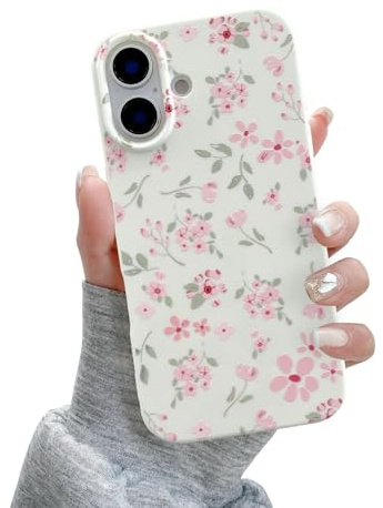 QLTYPRI for iPhone 16 Case, Cute Pink Floral Flower Pattern Aesthetic Phone Case, Raised Camera Protection Soft Slim TPU Shockproof Protective Phone Cover for Girls Women - Pink