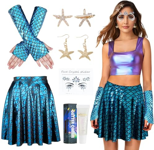 Meerjungfrau Kostüm Damen,Mermaid Meerjungfrau Kostüm Fischschuppen Rock+Handschuhe Meerjungfrau + 2 Stücke Seestern Haarspange +Ein Paar Ohrringe+Edelsteine Gesichtstattoo für Fasching Karneval (L)