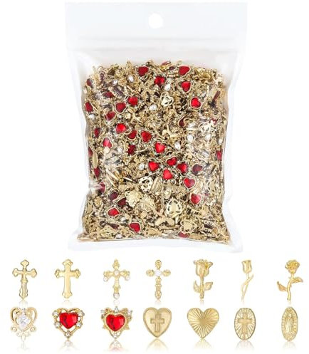 TELAIN 128-teiliges Nail Charms Set, Hochwertige Goldene 3D Nail Art Charms Mit Herzen, Kreuze, Rosen Und Jungfrau Maria Für Kreative Nageldesigns