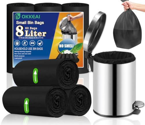 OKKEAI Bolsas de basura pequeñas de 8 l, 60 unidades, adecuadas para baño, inodoro, 3 l, 4 l, 5 l, 6 l