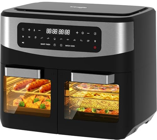 Heißluftfritteuse 2 kammern Airfryer 12L - 2600W Heissluftfriteuse XXL mit Sichtfenster | Friteuse ohne Öl mit Digitalem Display, 10 Programmen, Schwarz