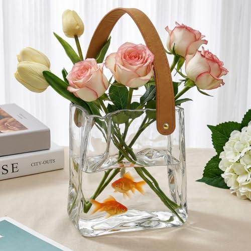 Noamus Glass Purse Vase for Flowers, Unique Bag Vases with Leather Handle, Decorative Wrinkle Handbag Shape Vase, Handmade Clear Fish Bowl for Centerpieces, Home Office Garden Wedding, Farmhouse Decor
