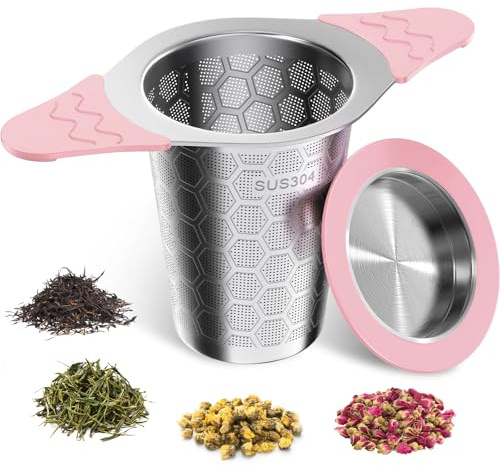 yomanta teesieb für losen tee mit Deckel, Breiter Griff mit hitzebeständigem Silikon, 304 Edelstahl Teesieb für Teekannen/Tassen-rosa