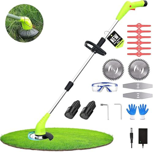 Metal Blade Cordless Strimmer Weed Wacker, Grass Trimmers Battery Powered Strimmer no Wire For Lawns Edger and Farmland, Electric Garden Strimmer Grass Cutter with 2PC Battery Brush Cutter