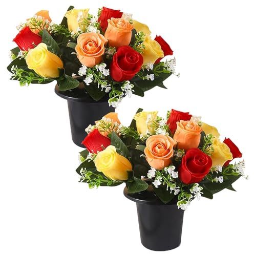 Lotvic Fiori artificiali per tombe, 25 cm, 2 vasi per tombe con fiori artificiali, 12 rose per funerali, fiori artificiali per cimitero, commemorazione, Natale (giallo)