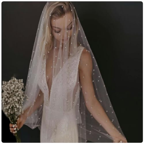 75–500 cm Brautschleier mit Perlen, einlagiger Hochzeitsschleier, passender DIY-Schleier, ideal für Hochzeitszeremonien und Veranstaltungen, Beige mit Kamm, 150 cm