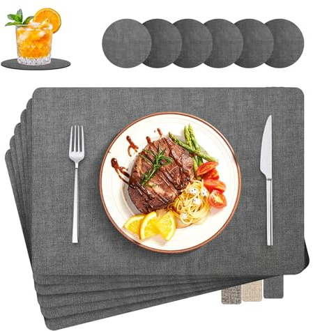 Set di 6 tovagliette lavabili, in finta pelle, resistenti al calore, 30 x 43 cm, antiscivolo, per casa, cucina, ristorante e hotel (nero)