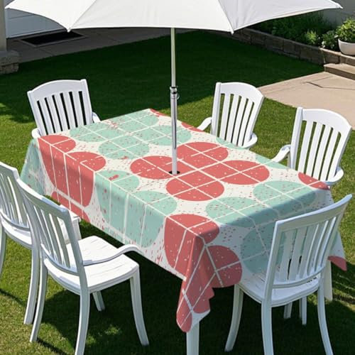 Chickwin Nappe Rectangulaire d'extérieur à Plaid Coloré 3D avec Trou de Parasol et Fermeture éclair pour Table de Jardin, Nappe Imperméable Antitache Terrasse Fête BBQs (Rouge,260x150cm)