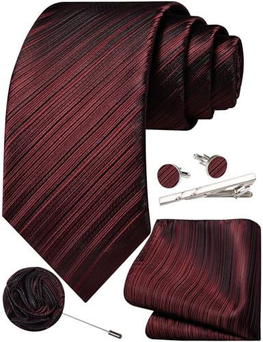 Ailisus Set di cravatta e fazzoletto a righe, set da 5 pezzi con fermacravatta, gemelli e spilla da bavero, cravatta in seta solida per matrimoni, cerimonie formali, Borgogna, 3.35 inches wide, 59