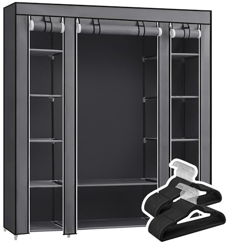 SONGMICS Armoire avec 50 cintres, Armoire en Tissu avec Tringle et Étagères de Rangement, Cintres en Velours Antiglisse avec Encoches, Gris et Noir LSC003G01