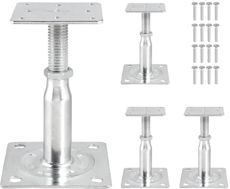EXLECO 4Pcs Pfostenträger Höhenverstellbar Balkenschuhe 100mm-150mm, Stützenfuß aus Verzinktem Stahl mit Schrauben, Pfostenschuhe Verstellbar Pfostenanker, Stützen Höhenverstellbar für Zäune Carport