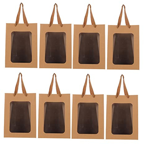 HOUDERCO 10 Stück Geschenktüten aus Verstärktem Kraftpapier mit Griffdesign und Transparentem Fenster Leichte Papiertüten für Geburtstag und Festival Einfache Schlichte Optik