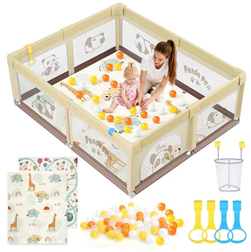 SOFTHOM Parque Infantil Bebés con Colchón 180x200cm, Suelo Antideslizante y Malla Transpirable, Parque Infantil Estable y Seguro para Interior y Exterior (Beige, Panda)