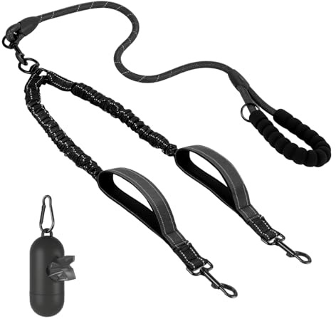 MOTIBACK Doppelte Hundeleine Kit, Doppelleine Für 2 Hunde, Kein Verheddern 360° Drehbarer Splitter, Verstellbare Stoßdämpfende Leine, Super robust und für große Hunde Lauftraining geeignet (Schwarz)