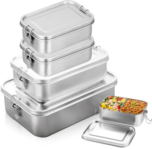 GOMETY 4er Pack Brotdose Edelstahl, Lunchbox Edelstahl 304 mit 1400/850/550/550ml, Auslaufsichere Bento Box mit Dichtungsring und Trennwand, Stapelbare Vesperdose für Suppe Salat Restmahlzeiten