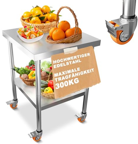 UISEBRT Arbetsbord i rostfritt stål, 4 stycken vridbara hjul med bromsar, förberedelserbord köksbord med justerbara höjdfötter, demonteringsbord lastkapacitet 300 kg för kök bar restaurangkärra, 85 x
