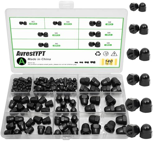 140Pcs Acorn Cap Nuts Kit, M3 M4 M6 M8 Hex Dome Nuts, Carbon Steel Decorative Bolt Covers for Furniture, Automotive & DIY Projects