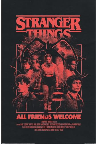 Pyramid International Stranger Things 5 (Alla vänner välkomna) 91,5 cm x 61 cm maxiaffisch, officiell licensierad Netflix väggkonst, en storlek