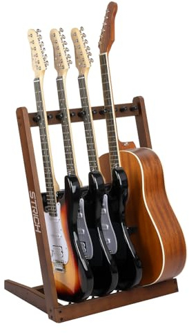 STRICH Gitarrenständer aus Holz – Mehrfachständer für 3 Akustik- oder 5 E-Gitarren & Bässe, Stabiles Gitarren-Rack für Studio & Zuhause, Schonende Polsterung, SMT-10 (5er-Halter)