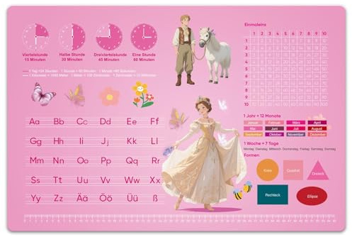 Schreibtischunterlage Mädchen 60x40 cm Prinzessin - Abwischbare Lernunterlage aus Leder für Kinder mit Alphabet & Einmaleins | Rutschfeste Desk Mat für Schule & Kinderzimmer