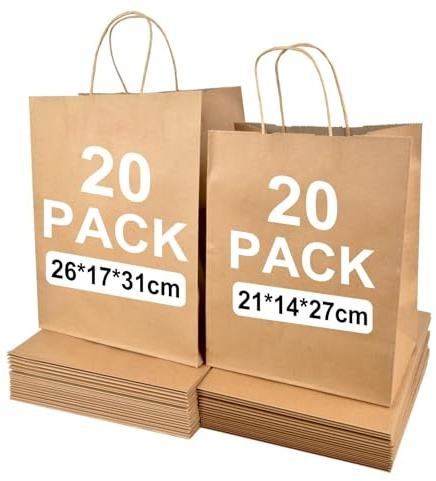 40 sacchetti di carta kraft con manico, 2 misure (21 x 14 x 27 cm, 20 pezzi + 26 x 17 x 31 cm, 20 pezzi), robusti sacchetti di carta per affari, vendita al dettaglio, shopping e regali di compleanno