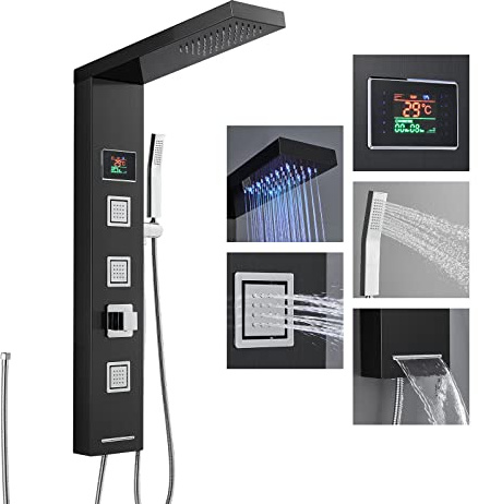 EZLUIYLDH 304 Stainless Steel Shower Panel Tower System Without Tap & Battery - 6-Function Wall Mounted Column Shower with LED Light, Temp Display, Rainfall, Body Jets, Handheld, Bathtub Spout, Black