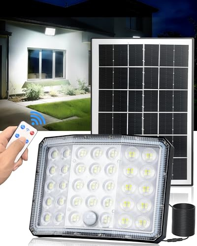 Solarlampen für Außen mit Fernbedienung 3600mAh 210° Beleuchtung Strahler | 4 Modi IP66 Wasserdichte Split-Solarpaneele 6500K Bewegungsmelder Aussenleuchte für Garage, Gehweg, Flur, Haustür