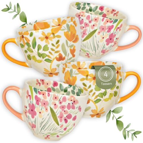 Jumbo Kaffeetassen Blumen Dekor, 4er Set XXL Tassen Gelb Rosa - Große Frühstückstasse 480 ml