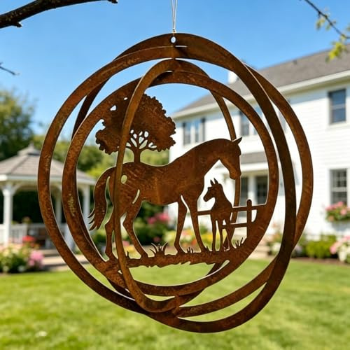 WRQIOO Scacciapensieri da giardino, effetto ruggine, con puledro, gioco a vento 3D in metallo, per esterni, balcone, regalo per amanti dei cavalli