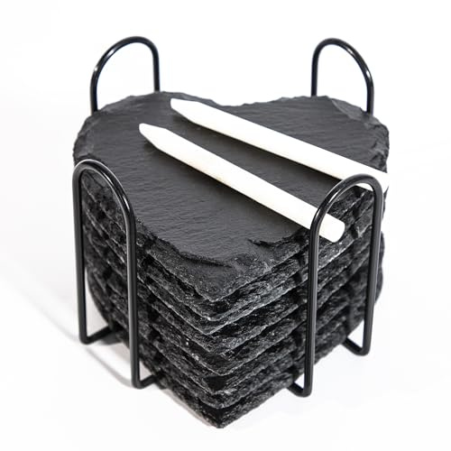 WLWNWFT Schiefer Untersetzer Herz für Gläser 8er Set, Glasuntersetzer Schiefer mit Halter, Getränkeuntersetzer Tischuntersetzer inkl. Kreidestift, Schwarz