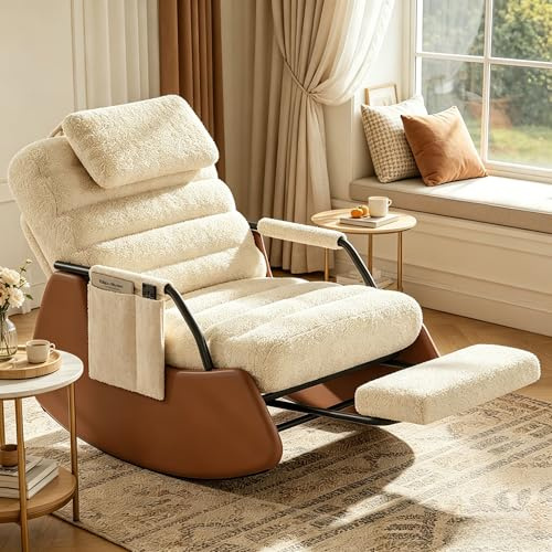 YGHQAP Schaukelstuhl mit Fußstütze, Gepolsterter Stillsessel Babyzimmer mit Verstellbarer hoher Rückenlehne, Schaukelsessel Lesesessel Relaxstuhl für Wohnzimmer, Schlafzimmer (Beige Teddyplüsch)