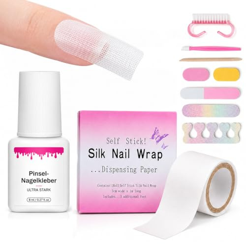 Nagelhärdare set – silkesnagelwrap set med pensel nagellim, 1 m självhäftande sidenband för naturliga naglar, 8-delat manikyrtillbehör, nagelwrap kit för slitna, splittrade och svaga naglar