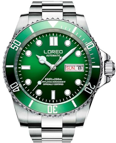 LOREO Herren-Armbanduhr, silberfarben, Edelstahl, Saphirglas, blaue drehbare Lünette, automatische Datumsanzeige, Wochenuhr, grün, Lässige Taucheruhr