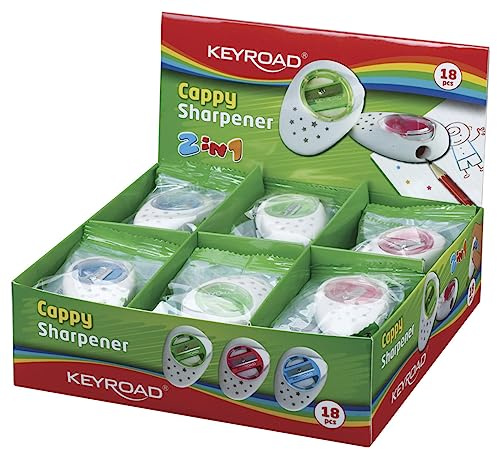 KEYROAD Ergonomischer Anspitzer Einzeln CAPPY 2-in-1 mit Radiergummi / 18 Stück/Kunststoff/Klingen aus Stahl/von Bleistiften und Buntstiften/Sharpener Spitzer
