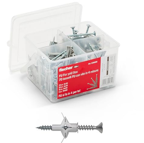 Fischer Kit For You Box, 70 Tasselli FU con Vite per Muro Pieno, Cartongesso e Lastre, 536688, Grigio