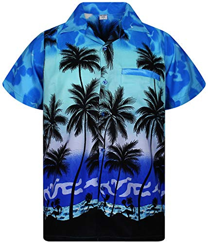 V.H.O. Hawaii-skjorta, standardpassform, män, kortärmad framficka, funky tropisk strand, semester, palmer unisex, Beach Monoblå, XL
