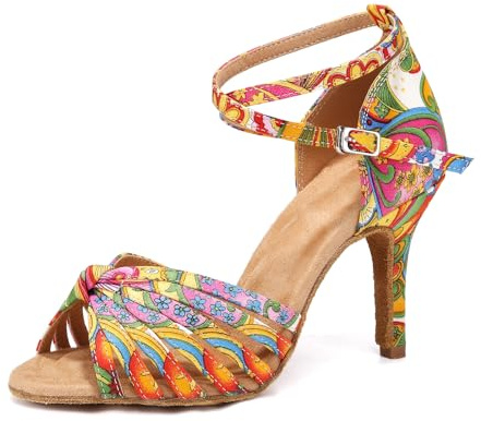 YKXLM Latin Dance Shoes for Women Ballroom Salsa Tango Professional Performance Practice Dancer Beginner,3.33 Heel,Colorful,7.5 US