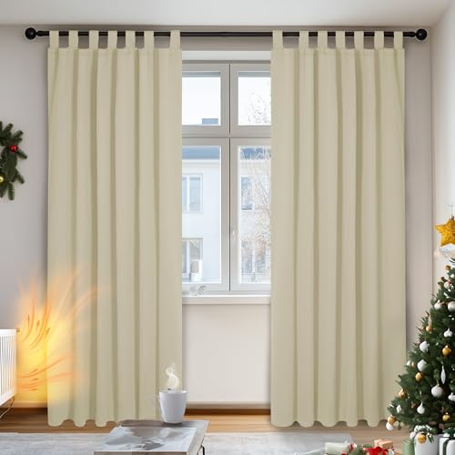 Deconovo Mörkläggningsgardin ogenomskinliga öglor för värmeisoleringsgardiner, 210x140 cm (H x B), Beige, set om 2