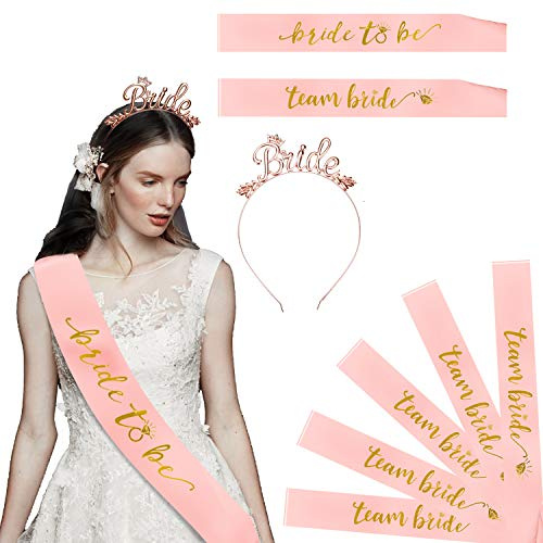 Konsait JGA Accessoires Frauen, JGA Schärpe, Rose Gold Bride to Be Schärpe + 6 Team Bride Schärpe + Braut Tiara für Junggesellenabschied Frauen Foto Requisiten Hochzeit Bachelorette Party