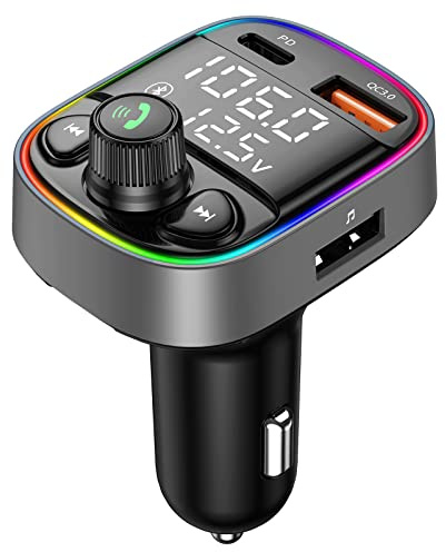 LIHAN Bluetooth 5.4 Bluetooth Car Adapter, FM Transmitter with QC3.0/Type-C 42W Fast Charging, Dual LED Display, HiFi Bass, Handsfree Calls/Audio Transmitter, TF/USB Music Player, 7-Color Backlit