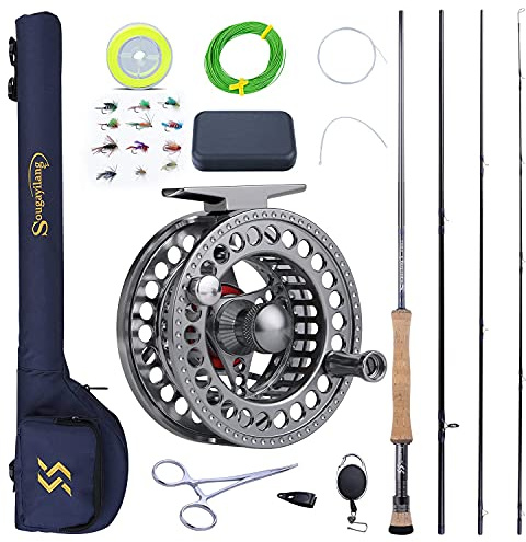 Sougayilang Fly Fishing Rod and Reel Combo, 4 Pieces Ultra Lightweight Portable Fly Rod and CNC Machined Aluminum Alloy Reel Complete Starter Package with Rod Bag-#7/8