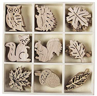 RiloStore 36 STK Holzteile in Holzbox Igel Blätter Eichhörnchen Nuss Eule Blätter Laub Herbstdeko Winterdeko Holz Streuteile Naturdeko