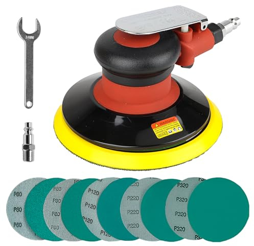 6-inch Air Random Orbital Sander by UPWOOD, Heavy Duty Palm Air Powered Sander Pneumatic Sander with 10pcs Sandpapers, Palm Air Sander Tool for Auto Body Work Woodworking Composites Metal