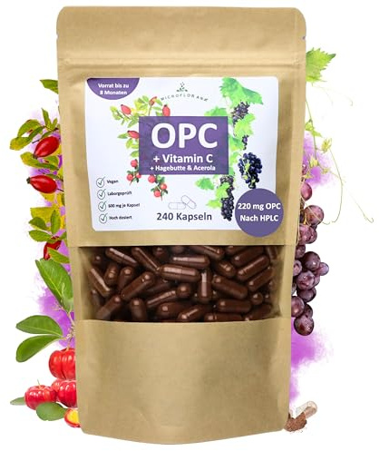 Microflorana® - OPC Traubenkernextrakt - Vitamin C - 240 vegane Kapseln -220 mg reines OPC je Tagesportion - 8 Monate Vorrat - Laborgeprüfte Kapseln mit Hagebutte und Acerola in Deutschland verkapselt