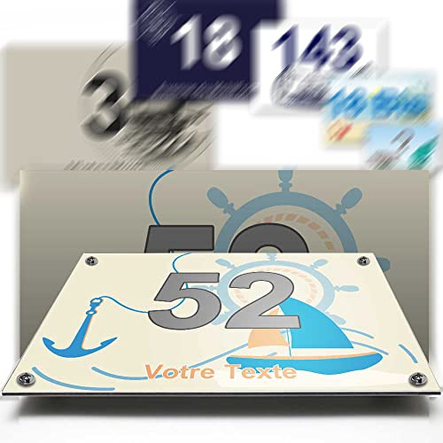 Plaque aluminium/polyethylene numéro rue décorative - pour maison, garage, porte, et boite aux lettres - collection marine : 2 lignes personnalisables