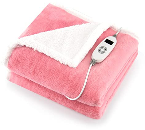 COSTWAY Electric Heated Throw Blanket, Reversible Sherpa Fleece Electric Over Blanket with 10 Heat Levels, 9-Hour Auto-off Timer & Overheat Protection, Machine Washable Heating Throw (Pink, 154x130cm)