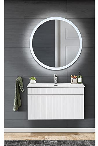 Lomadox Badmöbel Waschplatz Set mit LED Spiegel und 80 cm Keramik Waschtisch mit Unterschrank in weiß matt, B/H/T: ca. 81/200/46 cm